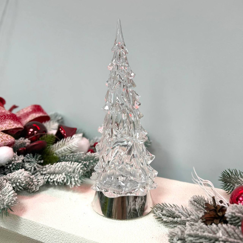 Новорічний ліхтар світильник нічник 31см Ялинка прозора з живленням на батарейках