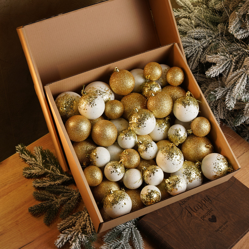Новорічні кулі 40 шт Мікс Бите Скло Золотий Білий Набір новорічних куль