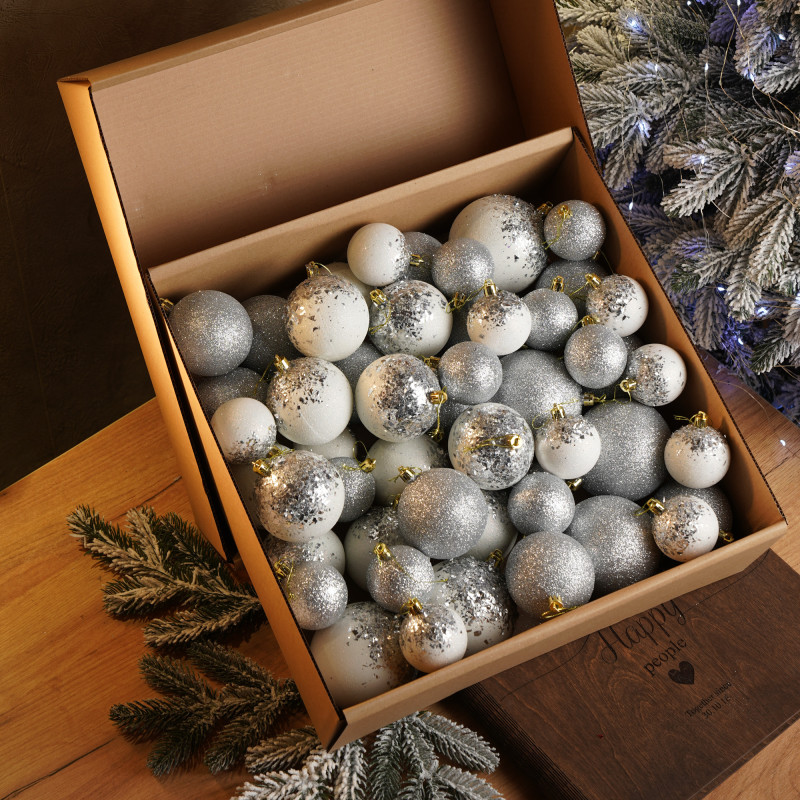 Новорічні кулі 40 шт Мікс Бите Скло Срібний Білий Набір новорічних куль