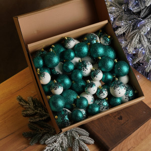 Новорічні кулі 40 шт Мікс Бите Скло Смарагдовий Білий Набір новорічних куль