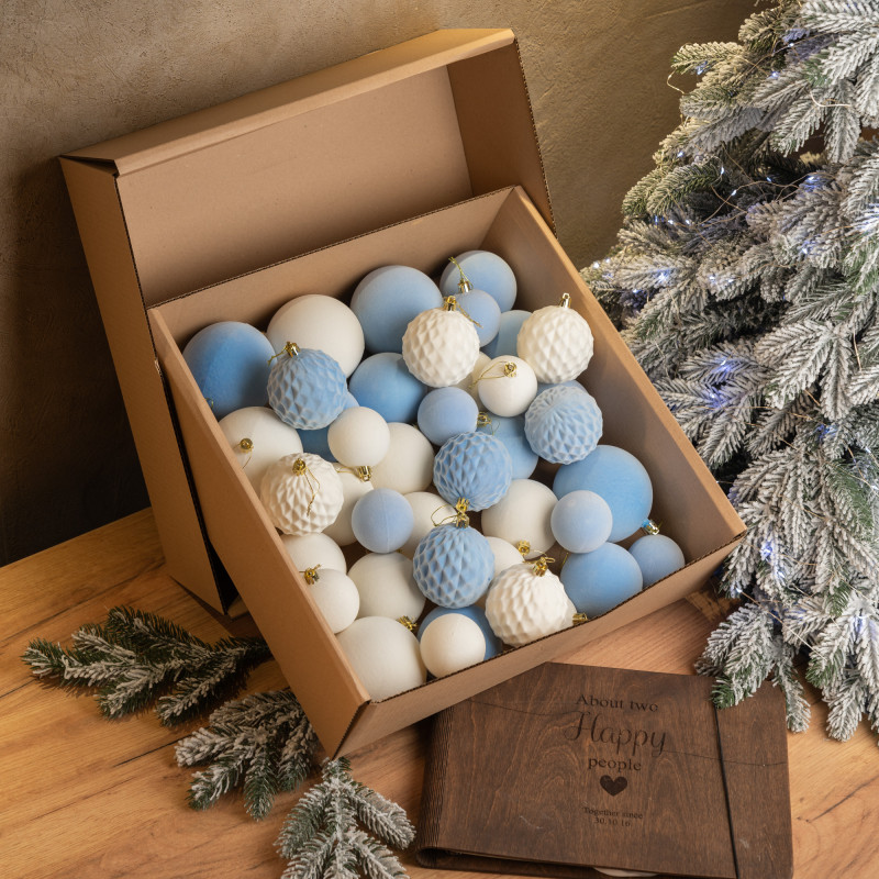 Новорічні кулі 40 шт Мікс Бархат Оксамит Блакитний Білий Набір новорічних куль