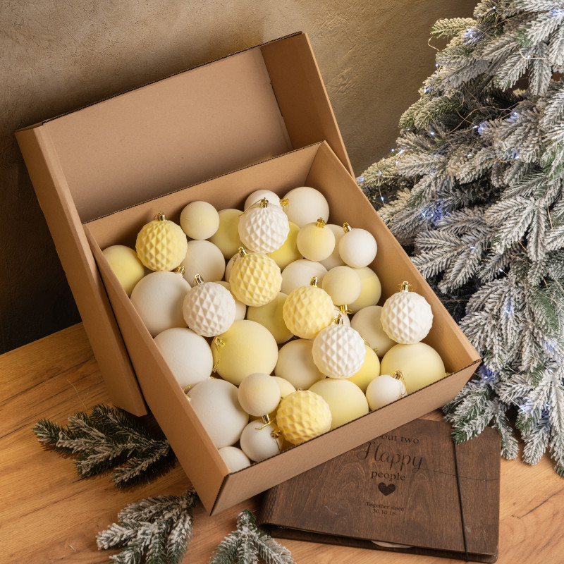 Новорічні кулі 40 шт Мікс Бархат Оксамит Жовтий Білий Набір новорічних куль