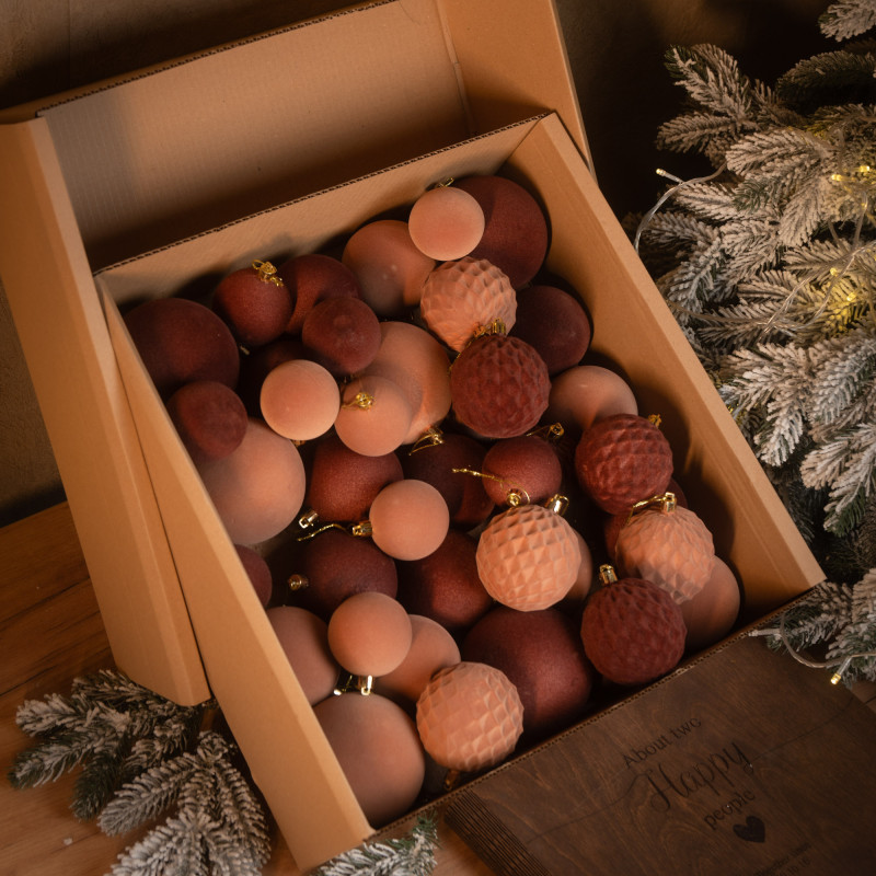Новорічні кулі 40 шт Мікс Бархат Оксамит Бежевий Коричневий Набір новорічних куль