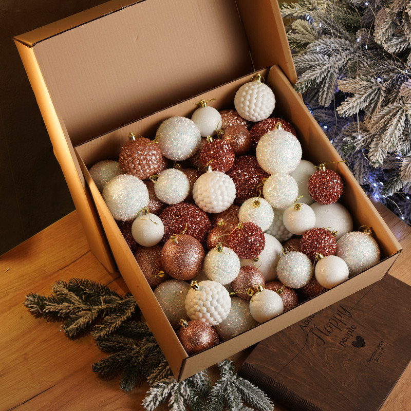 Новорічні кулі 40 шт Мікс Блиск Рожевий Білий Набір новорічних куль