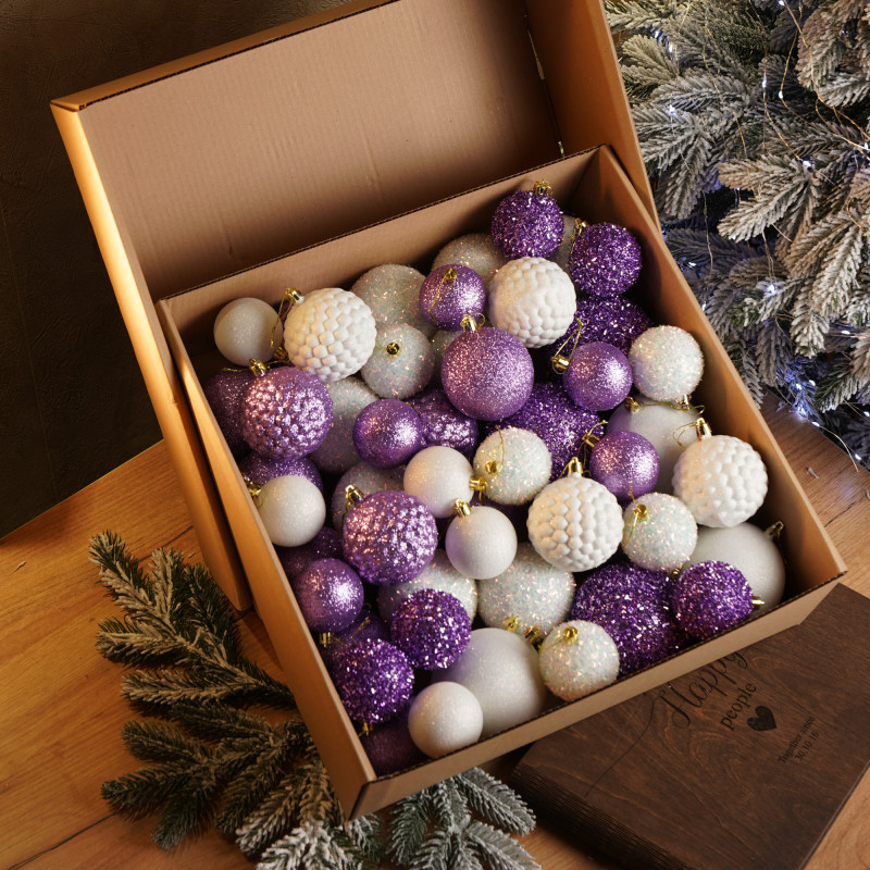 Новорічні кулі 40 шт Мікс Блиск Фіолетовий Білий Набір новорічних куль