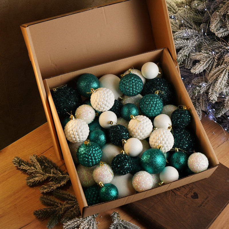 Новорічні кулі 40 шт Мікс Блиск Смарагдовий Білий Набір новорічних куль Новорічні кулі 40 шт Мікс Блиск Смарагдовий Білий Набір новорічних куль