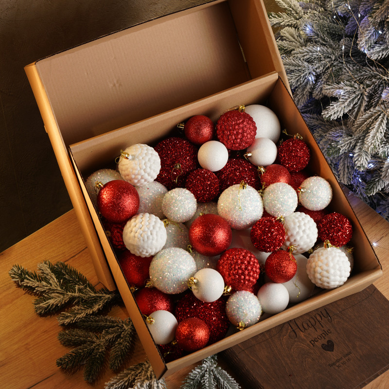 Новорічні кулі 40 шт Мікс Блиск Червоний Білий Набір новорічних куль