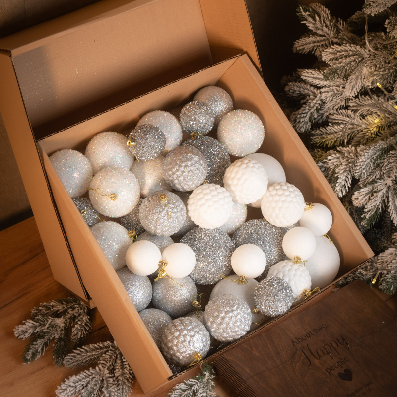 Новорічні кулі 40 шт Мікс Блиск Срібний Білий Набір новорічних куль