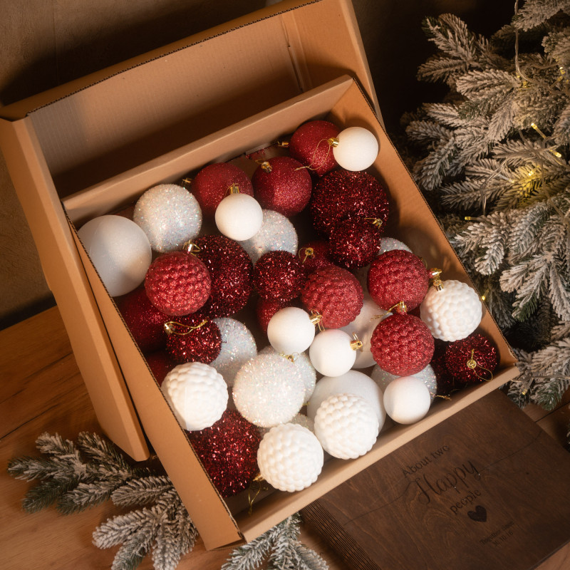 Новорічні кулі 40 шт Мікс Блиск Бордовий Білий Набір новорічних куль