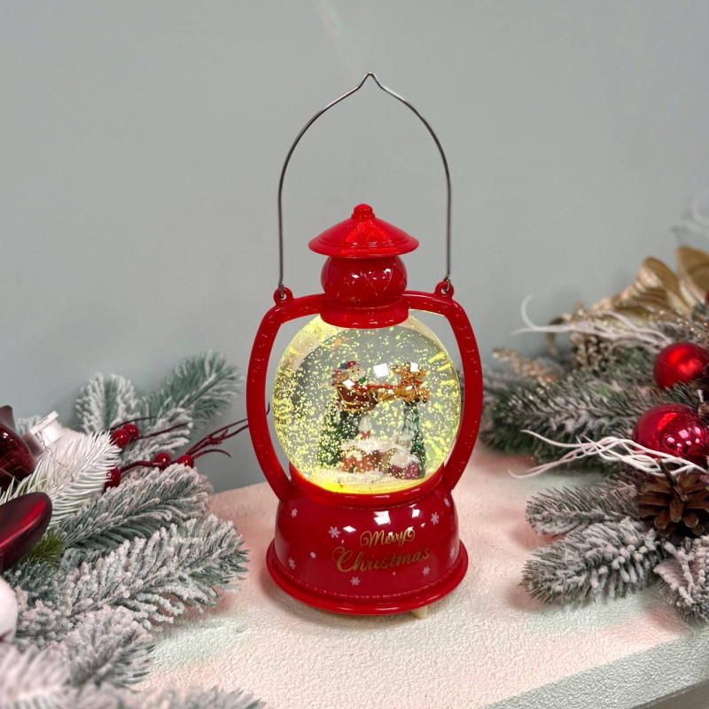 Новорічний ліхтар куля світильник нічник музичний 21см Санта, червоний, на батарейках в комплеті
