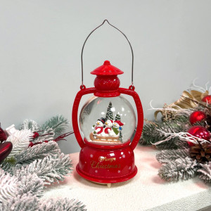 Новорічний ліхтар куля світильник нічник музичний 21см Сніговики, червоний, на батарейках в комплеті