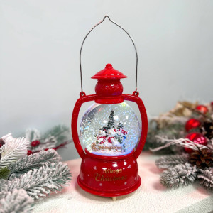 Новорічний ліхтар куля світильник нічник музичний 21см Сніговики, червоний, на батарейках в комплеті