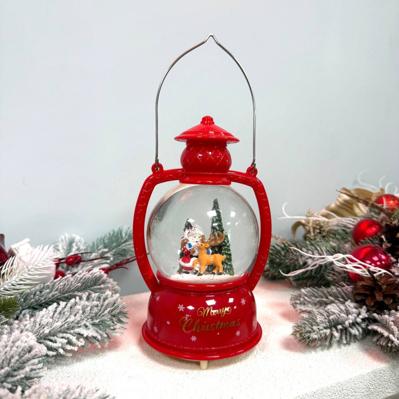 Новорічний ліхтар куля світильник нічник музичний 21см Санта, червоний, на батарейках в комплеті