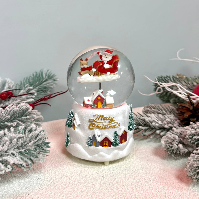 Новорічна куля нічник музична 13см Санта, білий, на батарейках в комплеті