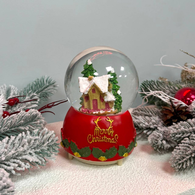 Новорічна куля нічник музична 15см Хатинка білий, на батарейках в комплеті