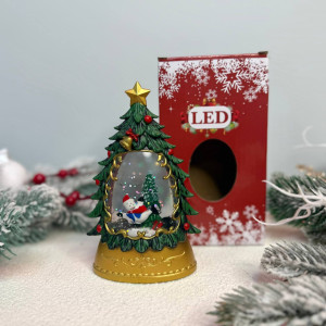 Новорічний ліхтар нічник у формі 15см Ялинка №1 з сніговиком всередині 15см на батарейках у комплекті