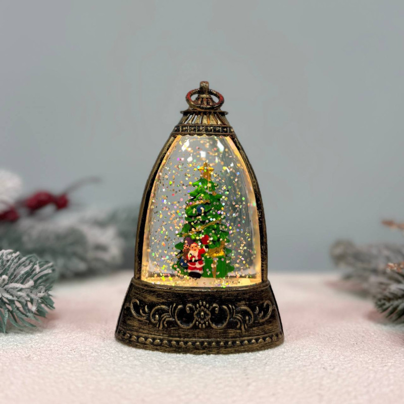 Новорічний ліхтар нічник міні з ялинкою всередині 13см на батарейках у комплекті