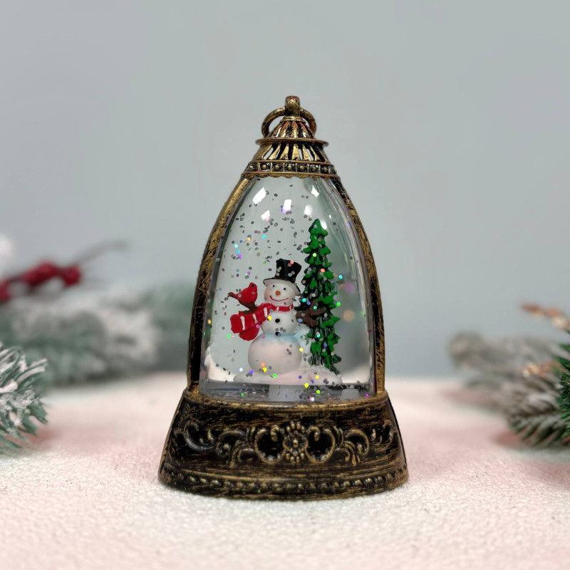 Новорічний ліхтар нічник міні з сніговиком всередині 13см на батарейках у комплекті