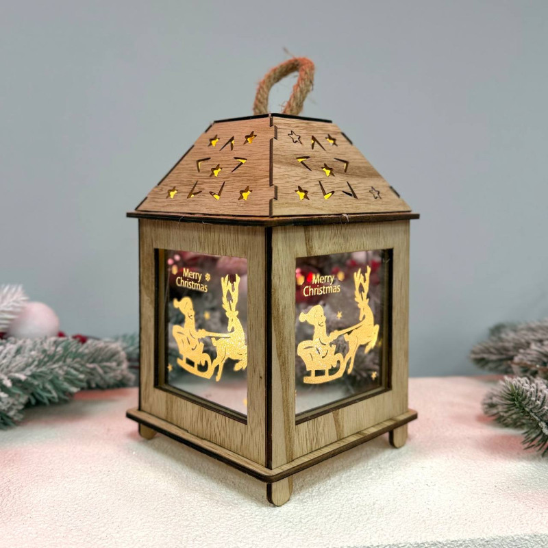 Новорічний дерев'яний ліхтар нічник Merry Christamas 22х13см дерево