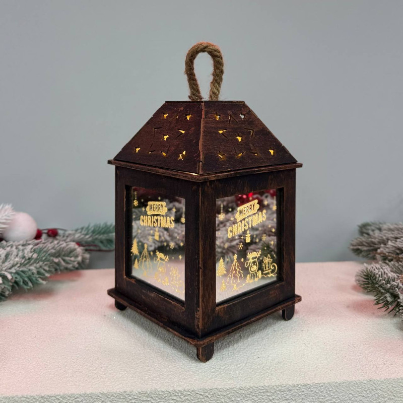 Новорічний дерев'яний ліхтар нічник Merry Christamas 22х13см бронза