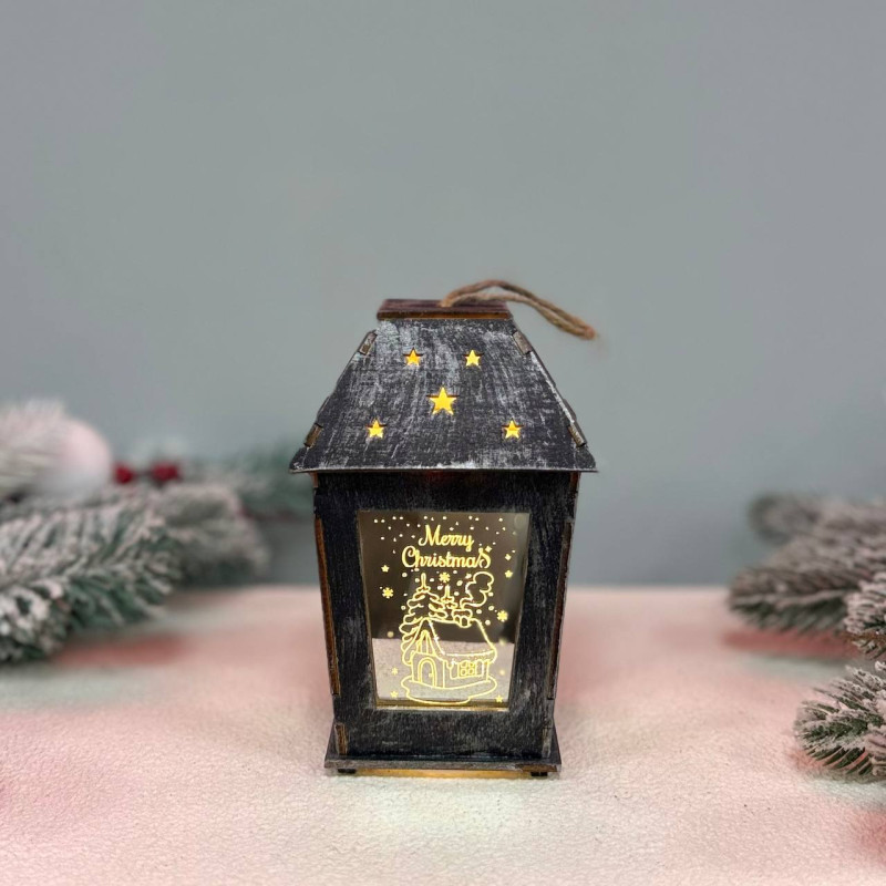 Новорічний дерев'яний ліхтар нічник Merry Christamas 14х10см стальний