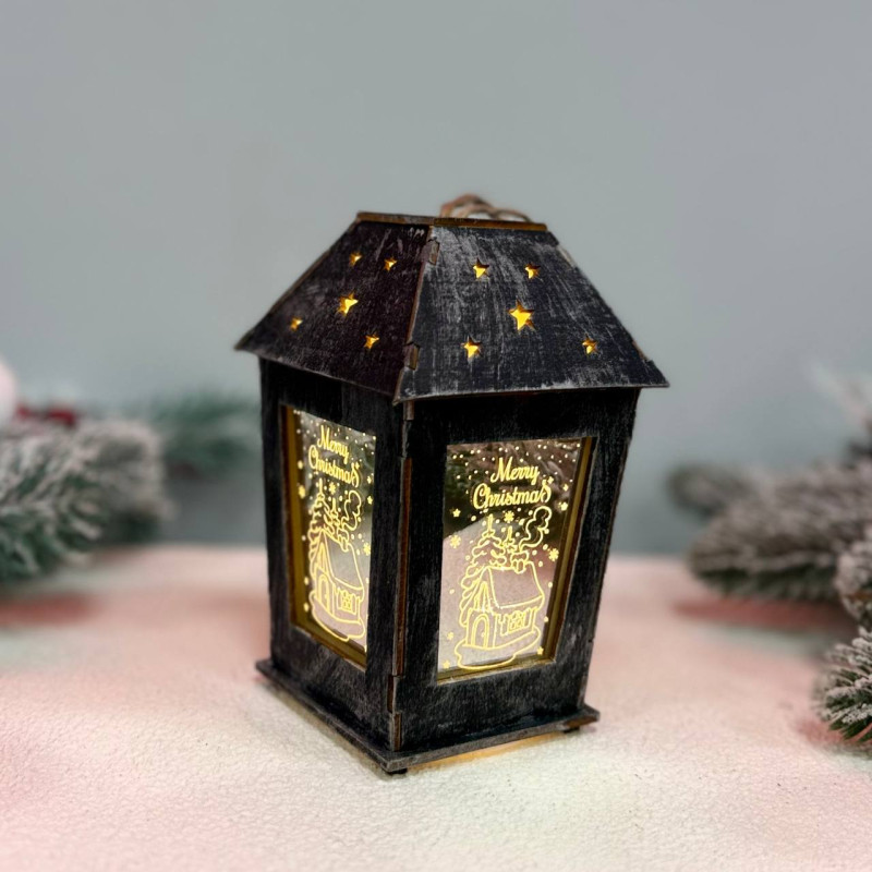 Новорічний дерев'яний ліхтар нічник Merry Christamas 14х10см стальний (YX991-B)