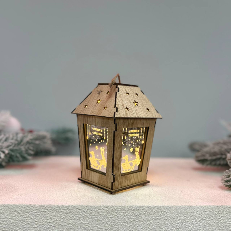 Новогодний деревянный фонарь ночник Merry Christamas 14х10см стальной