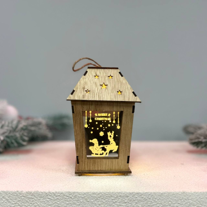 Новорічний дерев'яний ліхтар нічник Merry Christamas 14х10см стальний