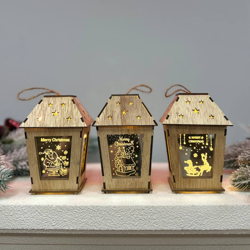 Новогодний деревянный фонарь ночник Merry Christamas 14х10см стальной