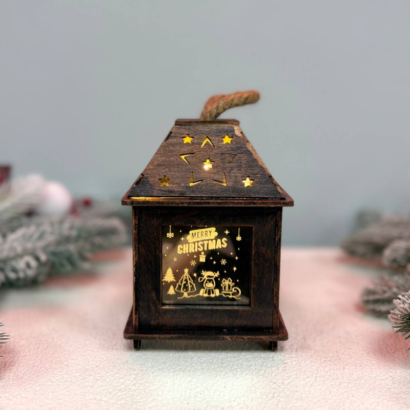 Новорічний дерев'яний ліхтар нічник Merry Christamas 15х10см бронза