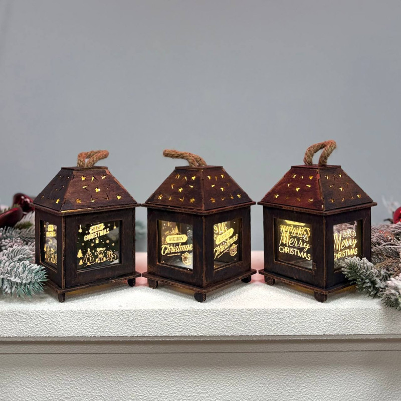 Новогодний деревянный фонарь ночник Merry Christamas 15х10см бронза