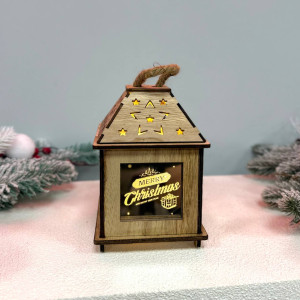 Новорічний дерев'яний ліхтар нічник Будиночок 15х13см дерево