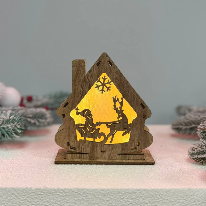 Новорічний дерев'яний ліхтар нічник Будиночок 15х13см дерево