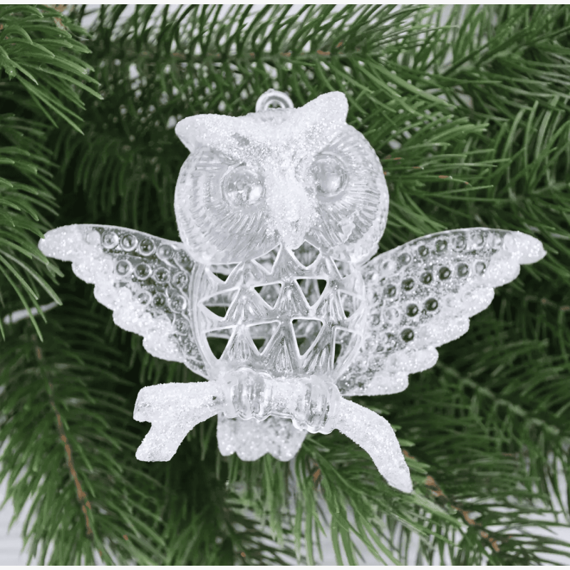 Іграшка на ялинку Сова (прозора, 14см)