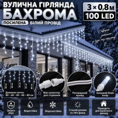 Вулична гірлянда «Бахрома» посилена 3×0,8 м, 100 LED, холодний білий, IP65, 10% Flash, з конектором Вулична гірлянда «Бахрома» посилена 3×0,8 м, 100 LED, холодний білий, IP65, 10% Flash, з конектором