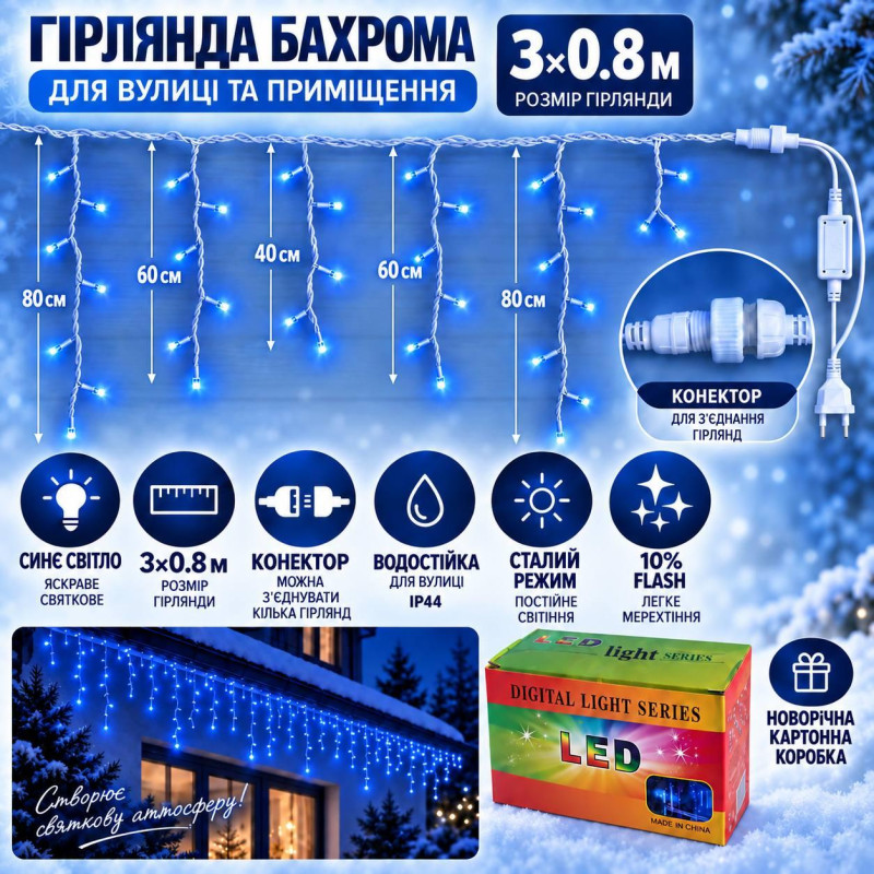 Вулична гірлянда «Бахрома» 3×0,8 м, 100 LED, синя, 10% Flash, IP44, з конектором