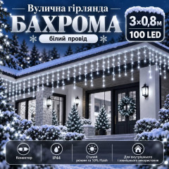 Вулична гірлянда «Бахрома» 3×0,8 м, 100 LED, холодний білий, 10% Flash, IP44, з конектором Вулична гірлянда «Бахрома» 3×0,8 м, 100 LED, холодний білий, 10% Flash, IP44, з конектором