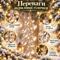 Акрилові бурульки «Гілочка» 28 см – прозора новорічна підвіска з кришталевими краплями, декоративна прикраса на ялинку Акрилові бурульки «Гілочка» 28 см – прозора новорічна підвіска з кришталевими краплями, декоративна прикраса на ялинку