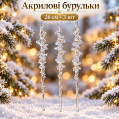 Акрилові рельєфні бурульки прозорі 26 см, 3 шт – новорічні підвісні прикраси на ялинку, декоративні кришталеві бурульки Акрилові рельєфні бурульки прозорі 26 см, 3 шт – новорічні підвісні прикраси на ялинку, декоративні кришталеві бурульки