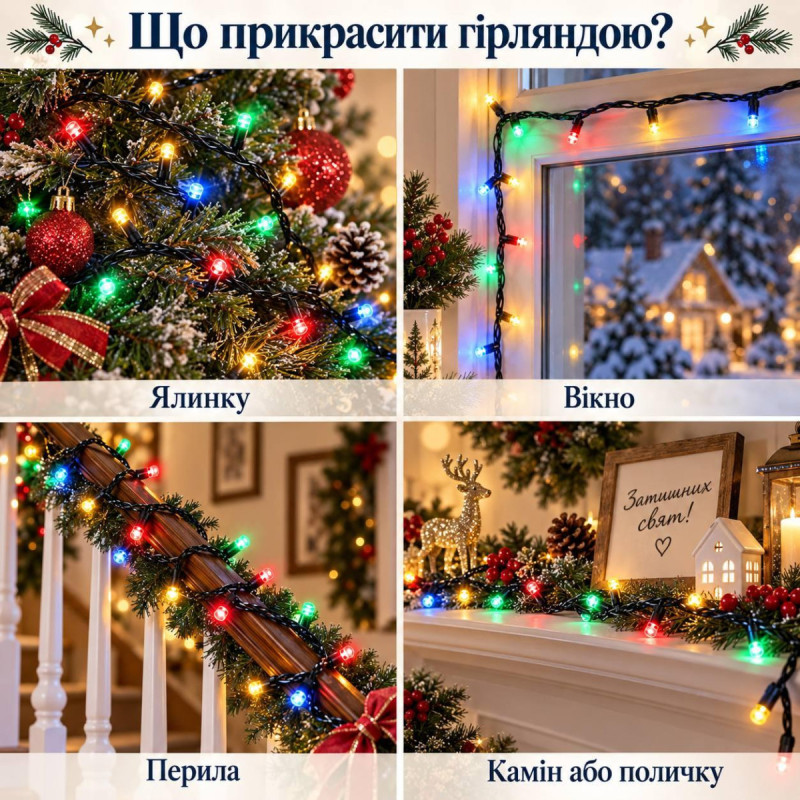Гірлянда LED на батарейках 10 м, 100 LED, мультиколір, чорний провід