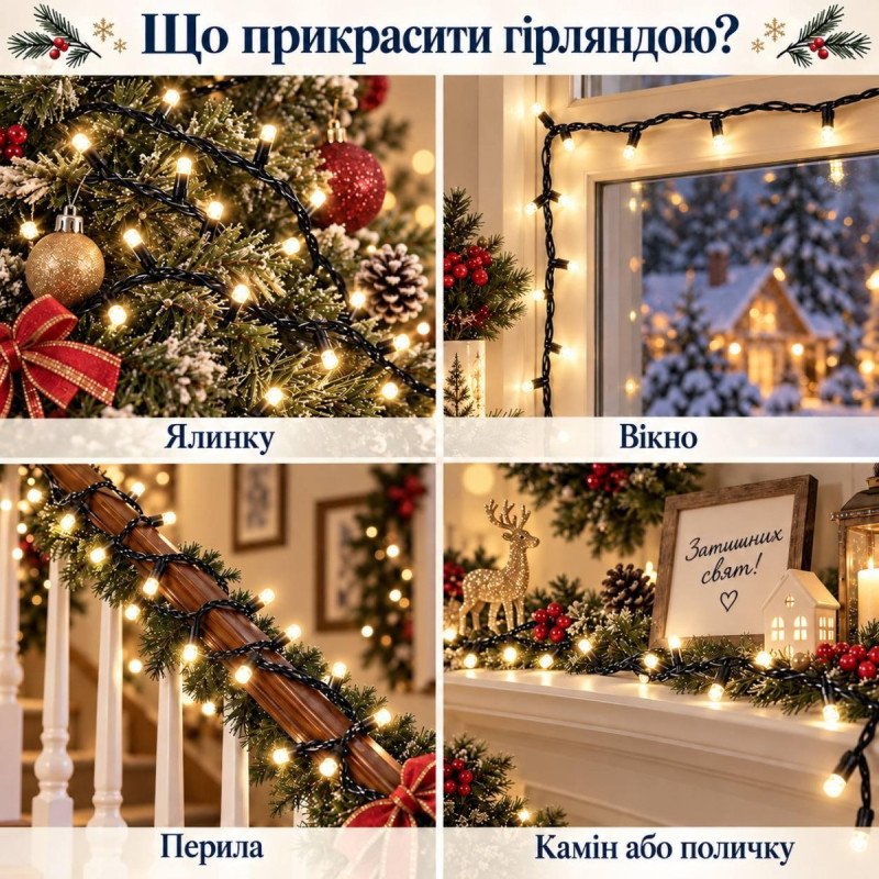 Гірлянда LED на батарейках 10 м, 100 LED, теплий білий, чорний провід
