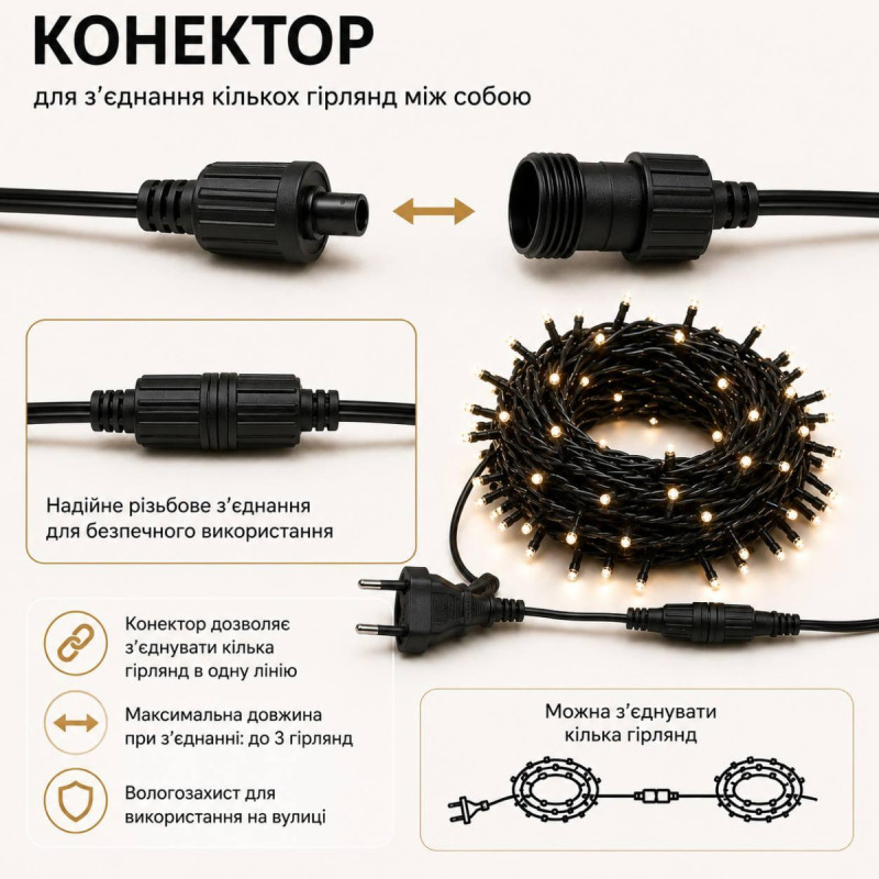 Гірлянда LED 100, чорний провід, теплий білий