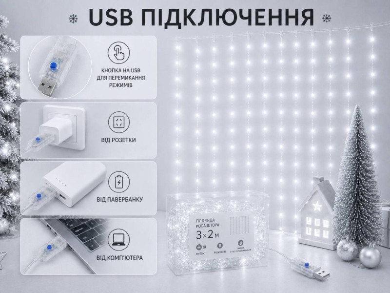 Гірлянда-штора Роса 3×2 м USB, холодний білий