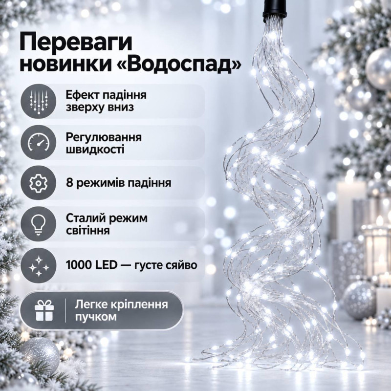 Гірлянда на ялинку «Кінський хвіст — Водоспад» 2 м, 1000 LED, 10 ниток, холодний білий