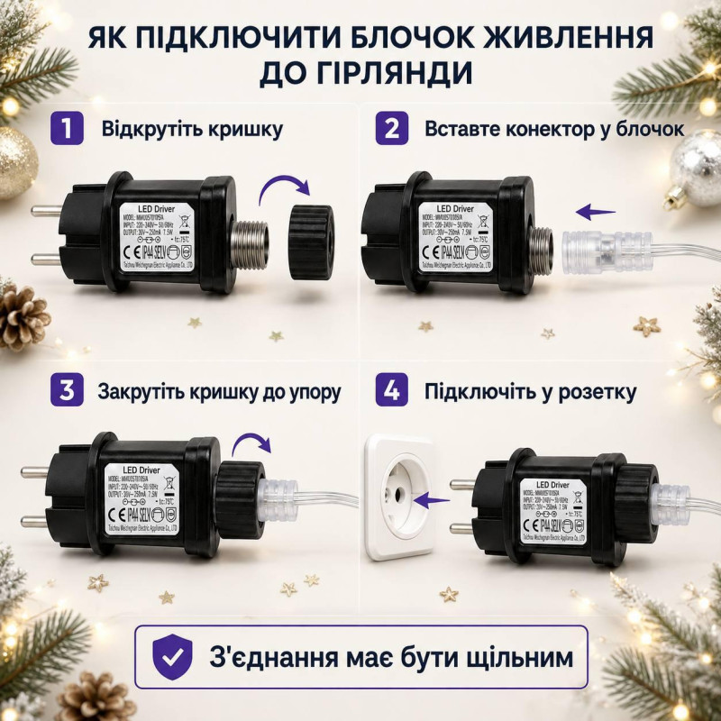 Гірлянда на ялинку «Кінський хвіст — Водоспад» 2 м, 1000 LED, 10 ниток, теплий білий, ефект падіння та стале світіння