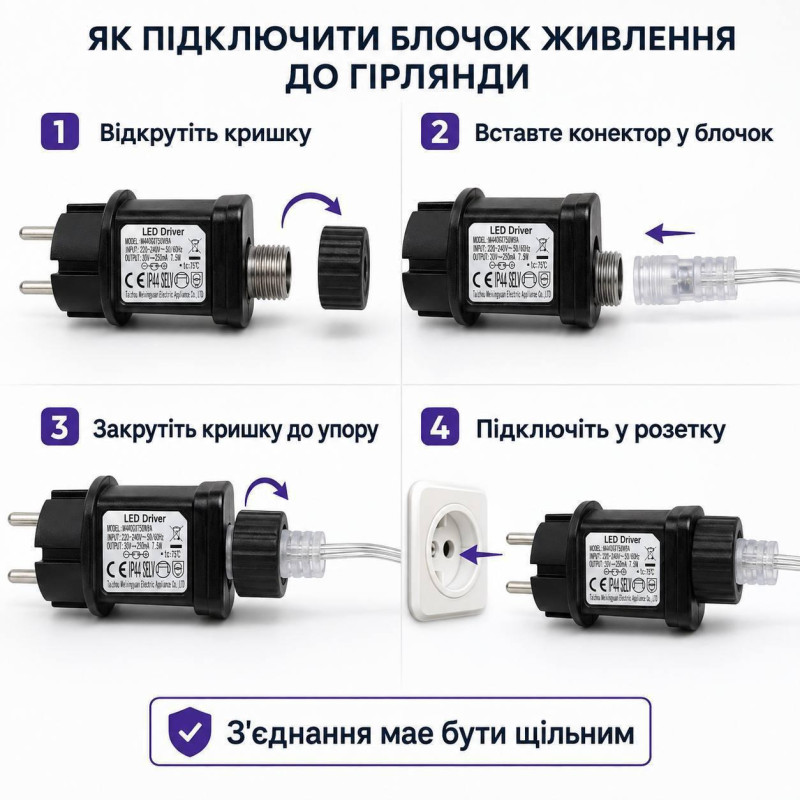 Гірлянда на ялинку «Кінський хвіст Мішура» 2 м, 800 LED, 20 ниток, холодний білий, 8 режимів, зелений провід, IP44