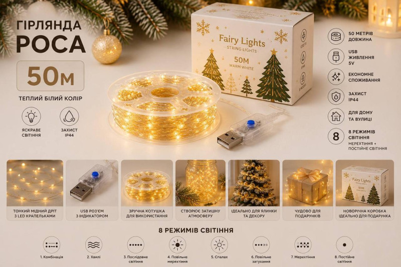 Гірлянда Роса 50 м USB, 500 LED, теплий білий колір