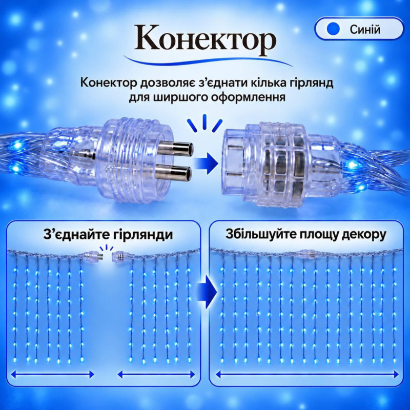 Гірлянда Водоспад 3×2 м 320 LED, синя, 10 ниток, прозорий провід, 8 режимів, конектор