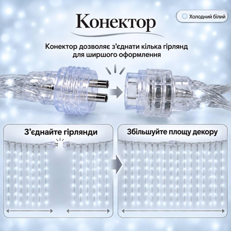 Гірлянда Водоспад 3×2 м 320 LED, холодний білий, 10 ниток, прозорий провід, 8 режимів, конектор