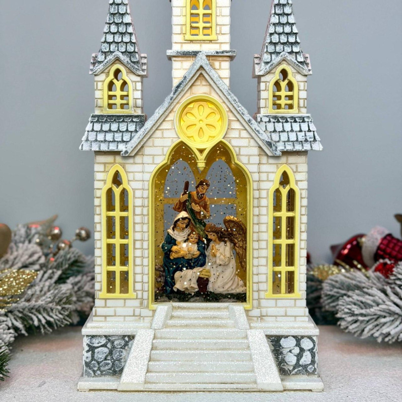 Новорічний LED ліхтар «Замок релігійний» 41×17 см, музичний різдвяний з підсвіткою, снігопадом, USB та батарейками
